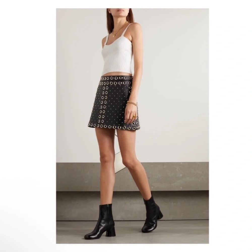 New! ALICE + OLIVIA Embellished Studded Leather Mini Skirt in Black - Picture 5 of 10